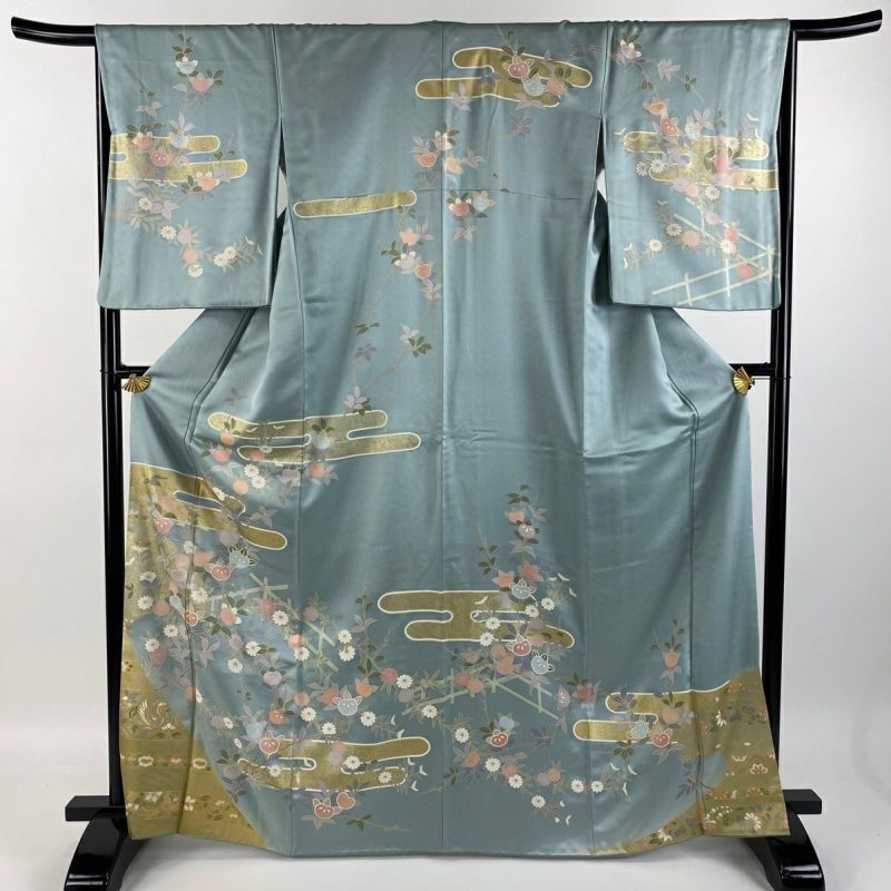 訪問着 身丈166cm 裄丈67cm M 袷 橘 ヱ霞 金彩 水色 正絹 名品