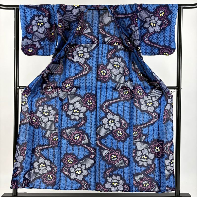 浴衣 身丈156cm 裄丈64cm M 絞り浴衣 草花 青紫 綿 名品｜中古
