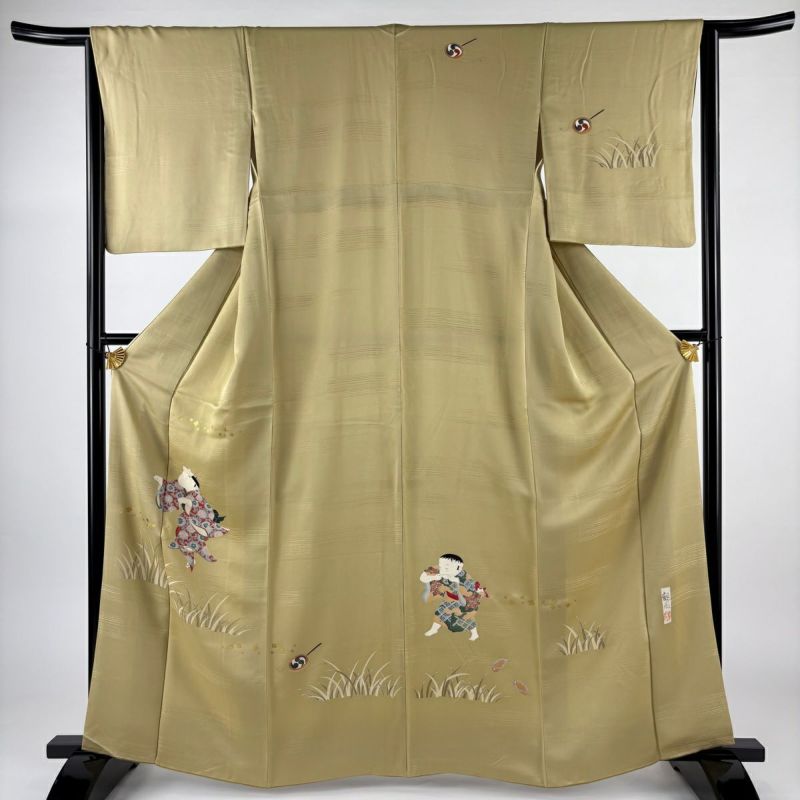 付下げ 身丈163.5cm 裄丈65cm M 袷 落款あり 童 葉 金彩 薄緑
