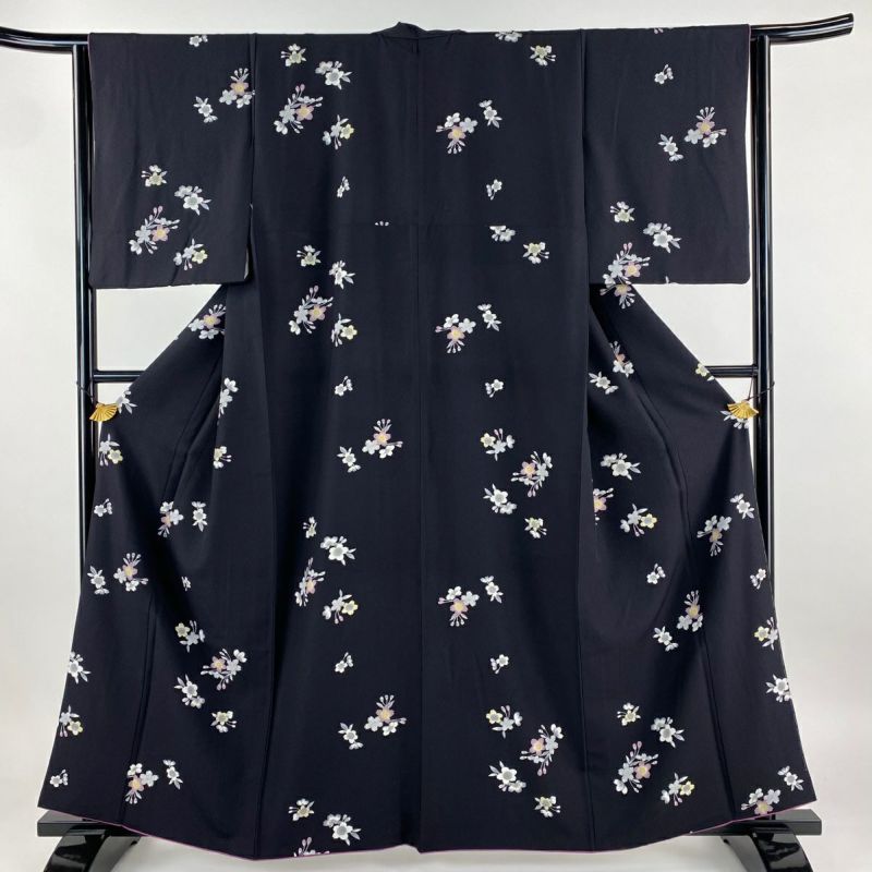 未使用品 小紋 麻の葉 桜花 グレー系 身丈163cm 裄丈68cm 正絹