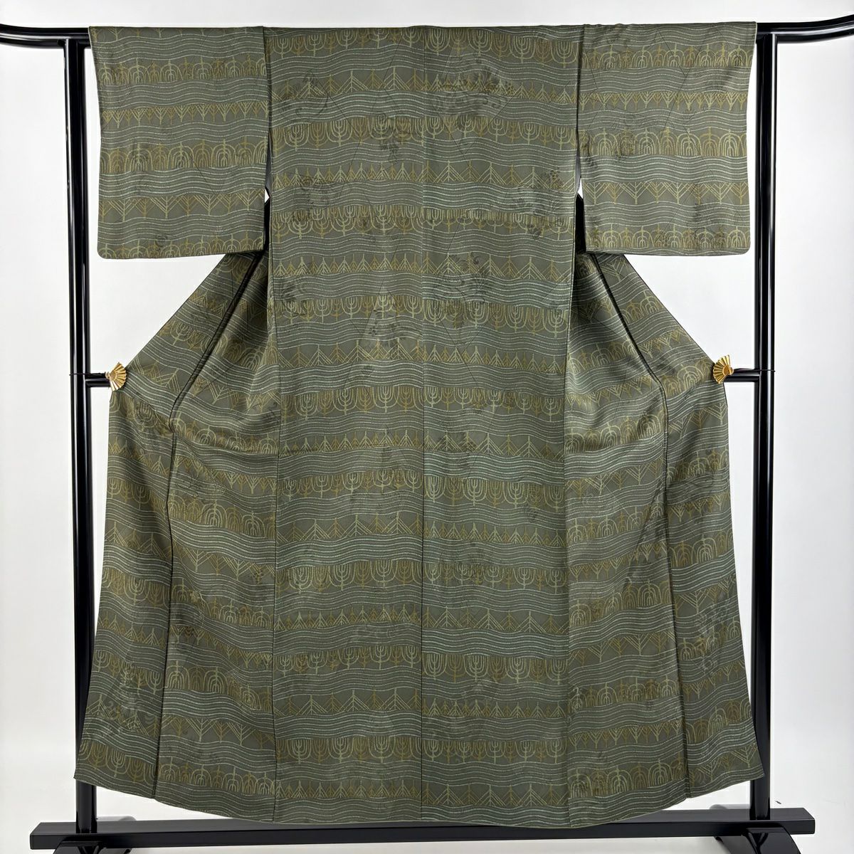 小紋 身丈157.5cm 裄丈68.5cm L 袷 縦縞 青灰色 正絹 秀品｜中古