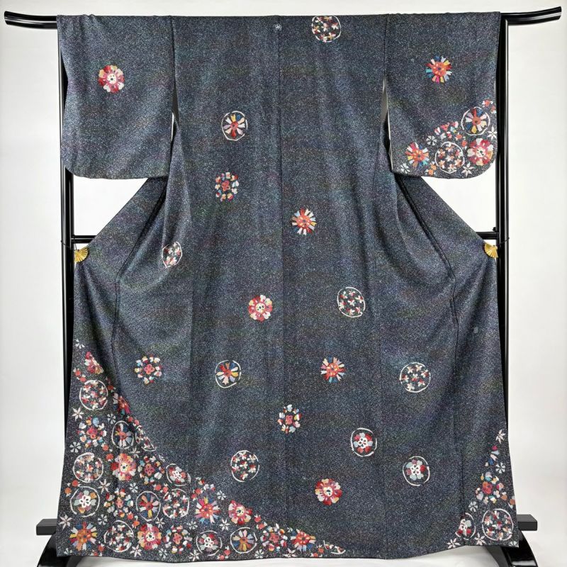 【激安通販 オンラインショップ】日用品 身丈167.5cm 付下げ 裄丈66cm 青灰色 花丸文 草花 落款あり 袷 M 着物・浴衣