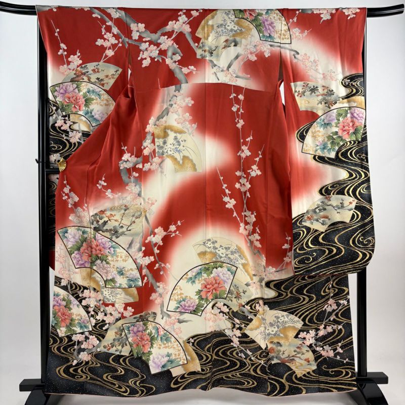振袖 身丈161cm 扇 青海波 和モダン 銀彩 金刺繍 オレンジ