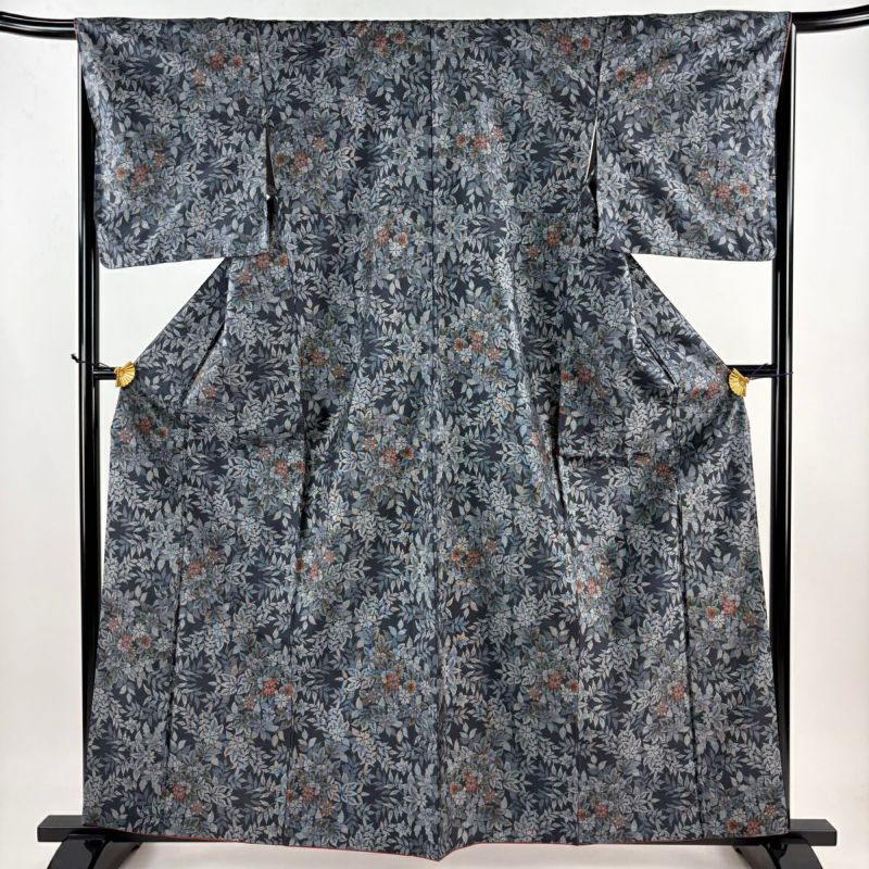 紬 身丈165.5cm 裄丈68.5cm L 袷 袋帯セット 絣柄 灰紫 正絹