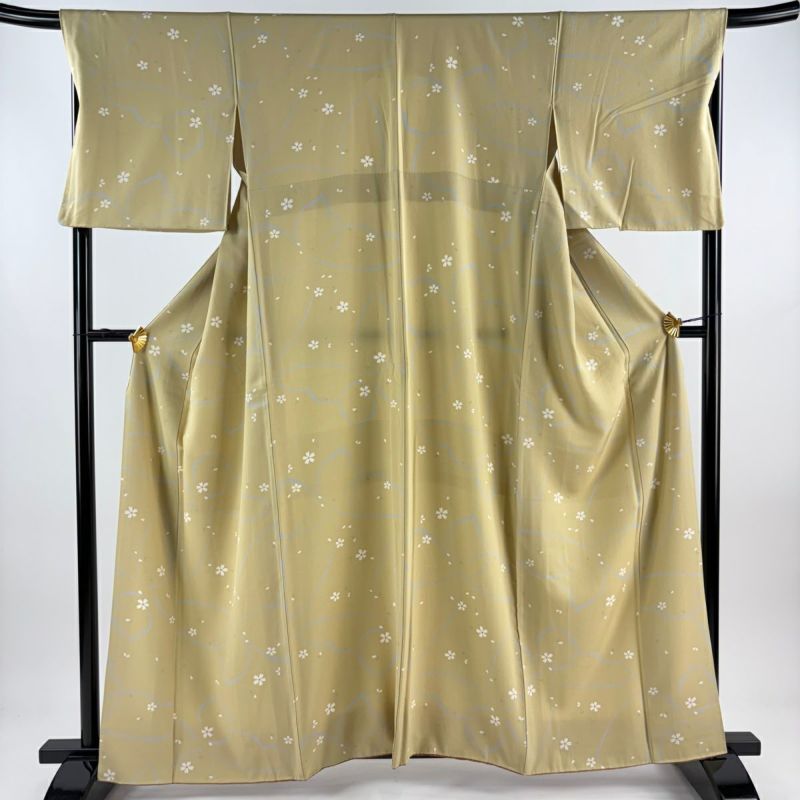 美品 小紋 水色 桜花 簪 かんざし 身丈161.0cm 裄丈65.5cm 正絹
