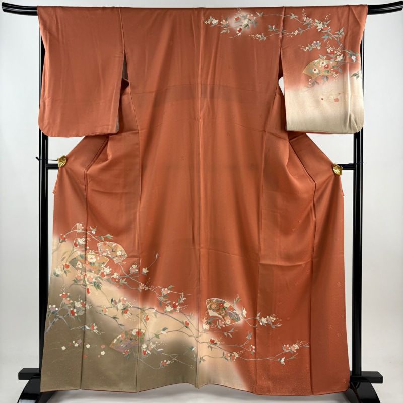 訪問着 身丈163.5cm 裄丈68cm L 袷 扇面 橘 金彩 染め分け 赤茶