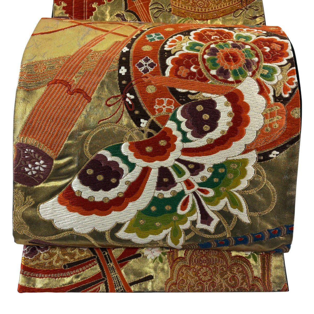 袋帯 名品 河合美術織物 落款あり 波 枝垂れ桜 金糸 箔 ベージュ 六通