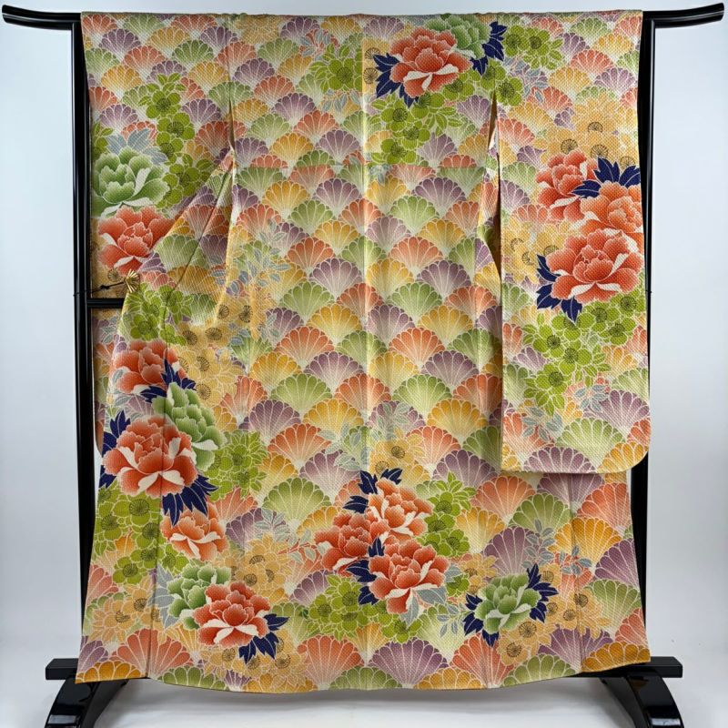 振袖 身丈160cm 裄丈64cm M 袷 牡丹 桜 オレンジ 正絹 秀品