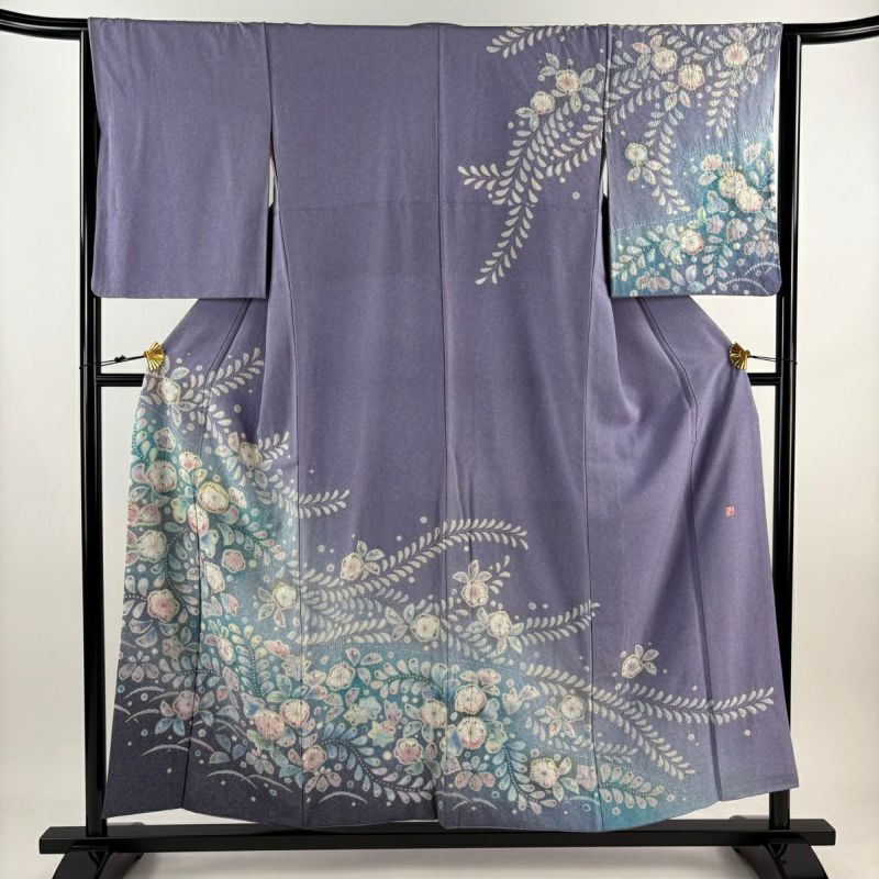 美品 しつけ付き 未使用 正絹 青紫縮緬 椿文様小紋着物 身丈161