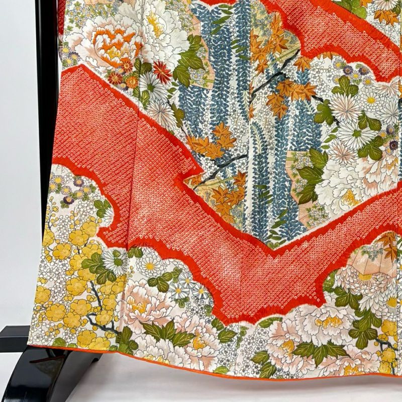 振袖 身丈165cm 裄丈63.5cm S 袷 牡丹 扇 刺繍 金糸 オレンジ