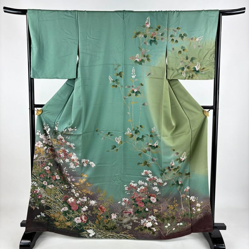 振袖 身丈165.5cm 裄丈67cm M 袷 キラキラ 牡丹 桜 刺繍 銀通し 緑