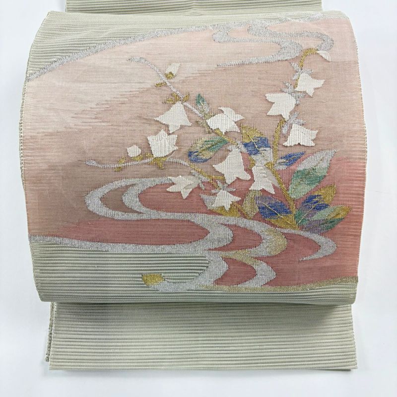 名古屋帯 秀品 夏帯 絽 八寸名古屋帯 草花 流水 金銀糸 薄小豆