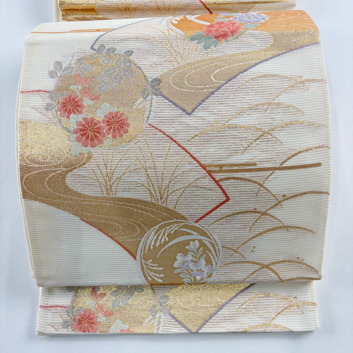 美品 竹垣に三葉模様 金銀糸 白色 六通 正絹 薄物 夏用 絽 紗 袋帯 93 B4 美品 竹垣に三葉模様 金銀糸 白色 六通 正絹 薄物 夏用 絽 紗