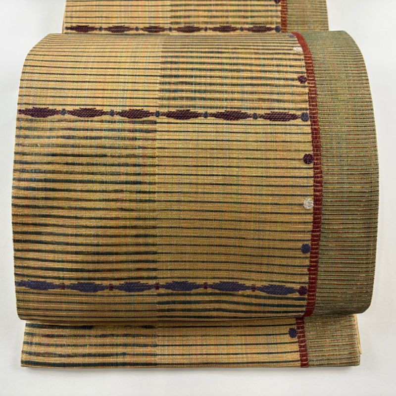 袋帯 秀品 縞 幾何学模様 金銀糸 金彩 山吹茶色 六通 正絹｜中古
