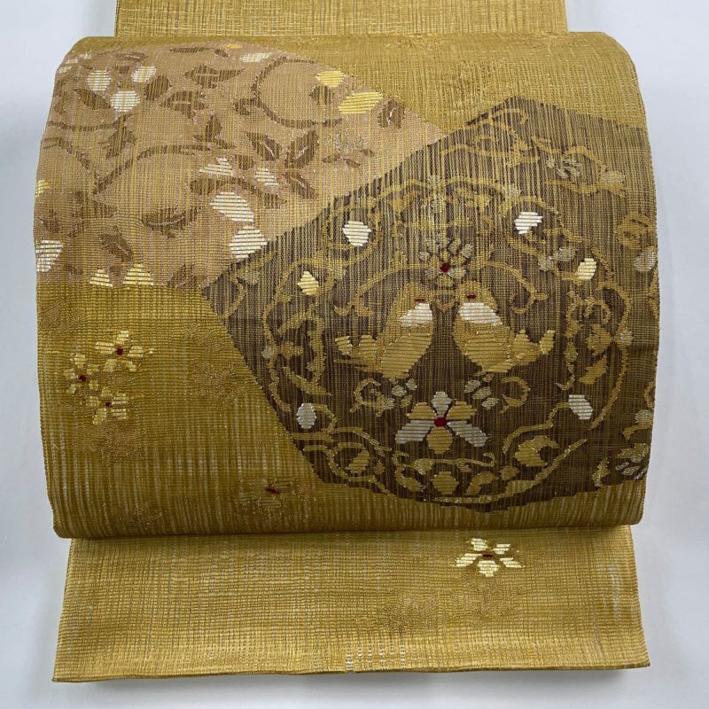 袋帯 美品 秀品 夏帯 向かい鳥 花唐草 金銀糸 箔 黄土色 お太鼓