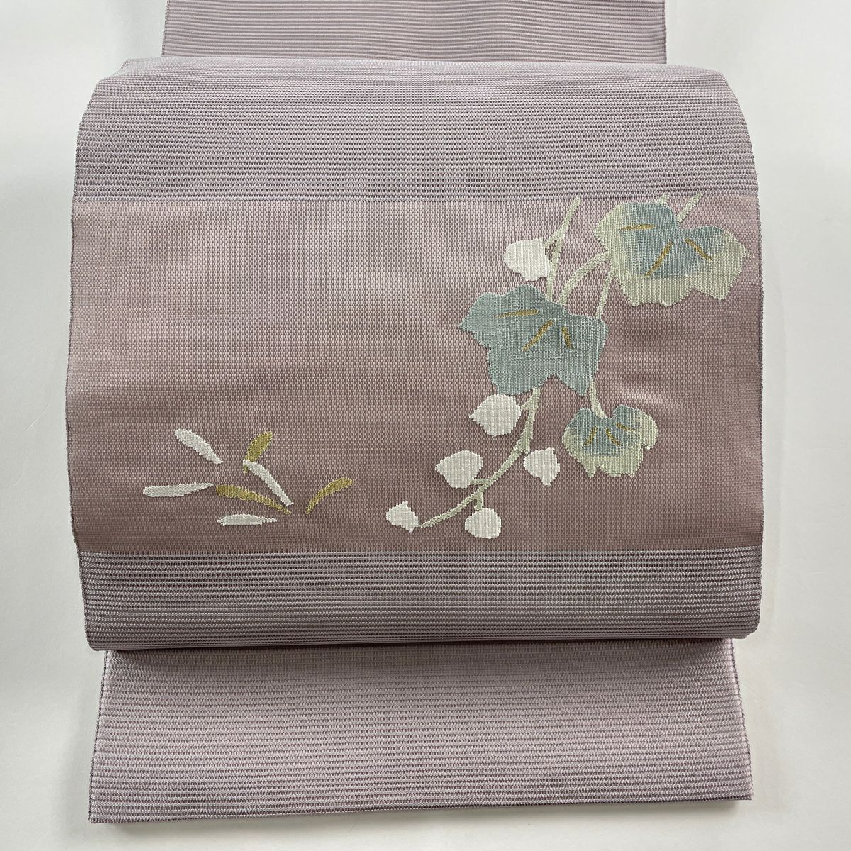 袋帯 美品 秀品 夏帯 草花 流水 金銀糸 水色 お太鼓柄 正絹