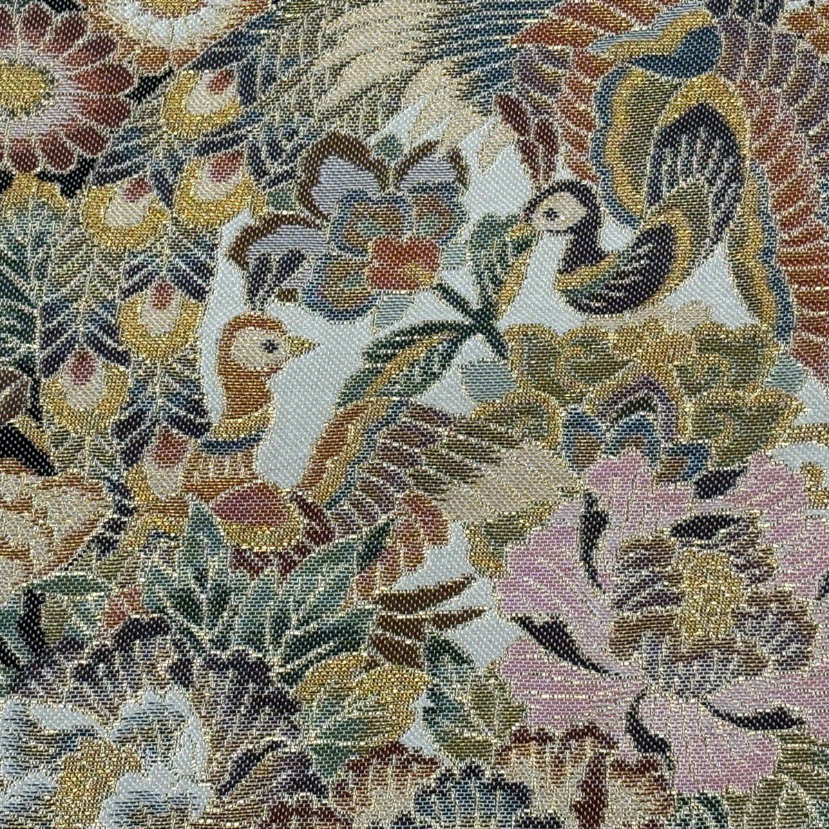 美品】袋帯 秀品 草花 孔雀 金糸 箔 ベージュ 六通 正絹｜中古・古着