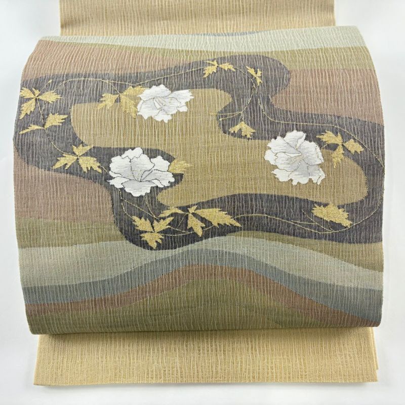 袋帯 秀品 夏帯 草花 金糸 薄茶色 お太鼓柄 正絹｜中古・古着