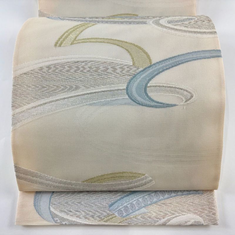 袋帯 美品 秀品 夏帯 絽 幾何学模様 金銀糸 ラメ糸 クリーム 六