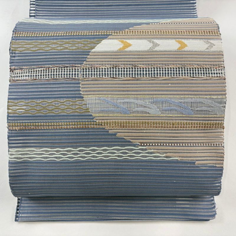 名古屋帯 美品 秀品 夏帯 八寸名古屋帯 絽 横段 よろけ縞 金銀糸