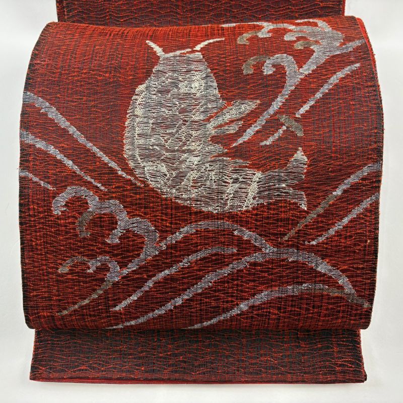 袋帯 秀品 夏帯 荒磯 金銀糸 赤黒 お太鼓柄 正絹｜中古・古着