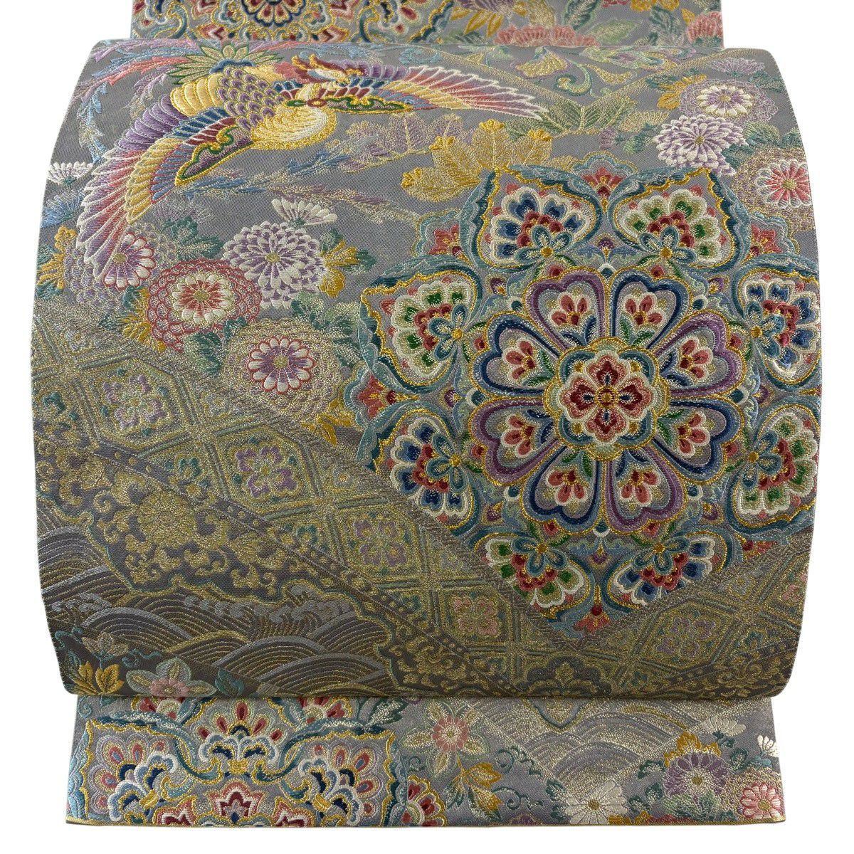 美品】 袋帯 秀品 吉祥鳳凰華文 唐織 箔 青灰色 六通 正絹｜中古・古着