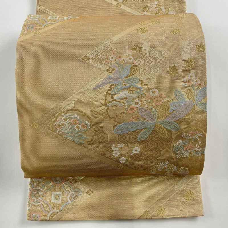 袋帯 秀品 夏帯 絽 草花 雪輪 金糸 箔 金色 六通 正絹｜中古