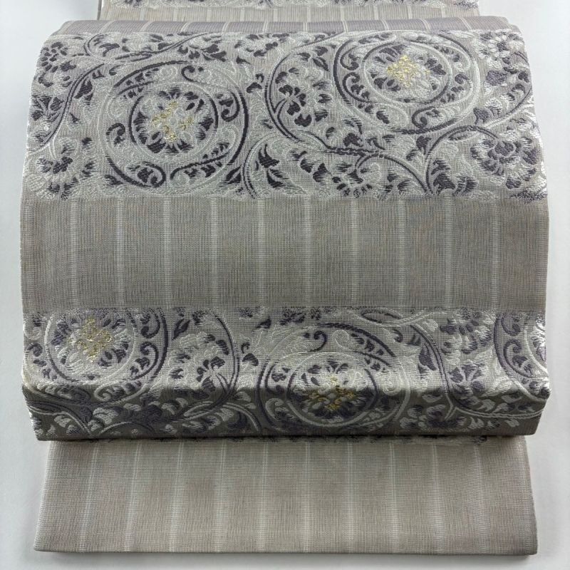 袋帯 秀品 夏帯 華文 花唐草 箔 灰紫 六通 正絹｜中古・古着