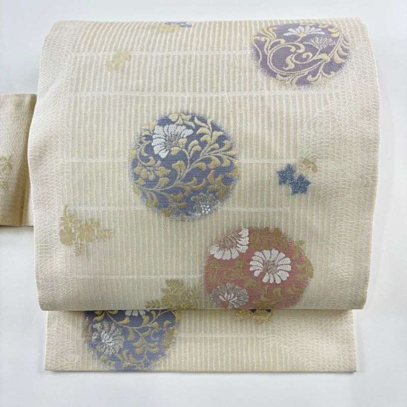 名古屋帯 秀品 夏帯 草花 縞 銀糸 箔 灰白 正絹｜中古・古着