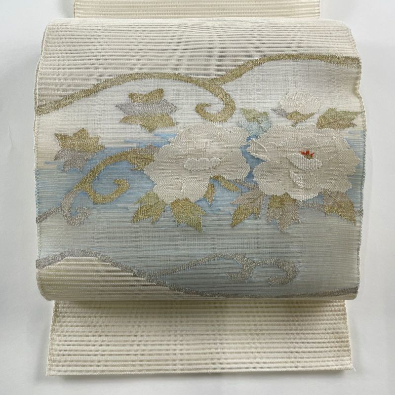 名古屋帯 秀品 夏帯 絽 八寸名古屋帯 牡丹 唐草 金銀糸 ベージュ