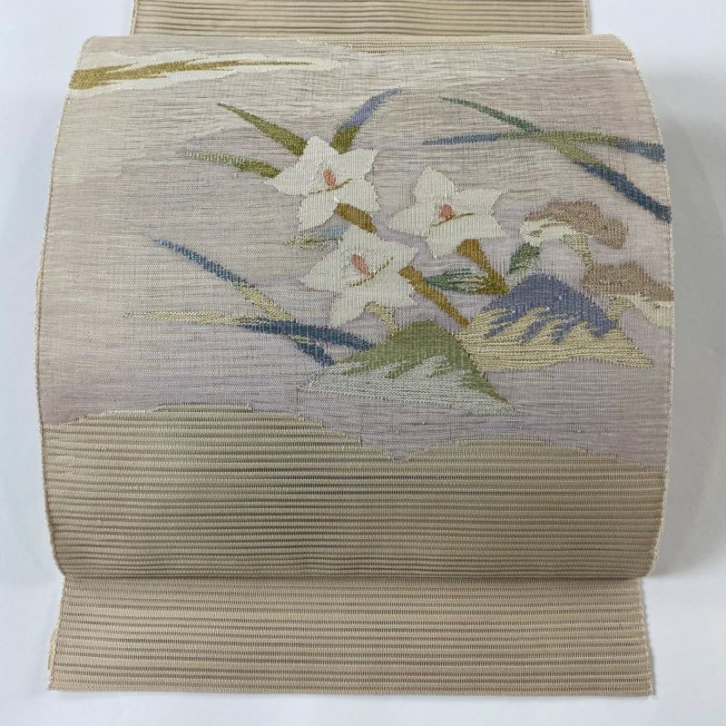 名古屋帯 秀品 夏帯 絽 朝顔 金銀糸 ベージュ 正絹｜中古・古着