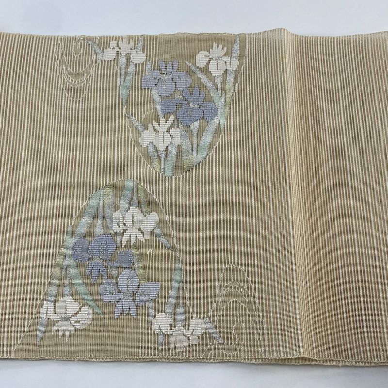 名古屋帯 秀品 夏帯 絽 菖蒲 流水 金銀糸 ベージュ 正絹｜中古