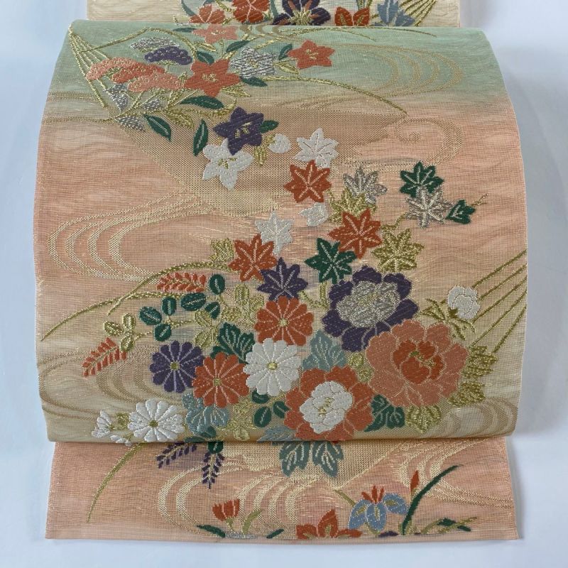 袋帯 美品 秀品 夏帯 草花 流水 金銀糸 箔 ピンクベージュ 六通