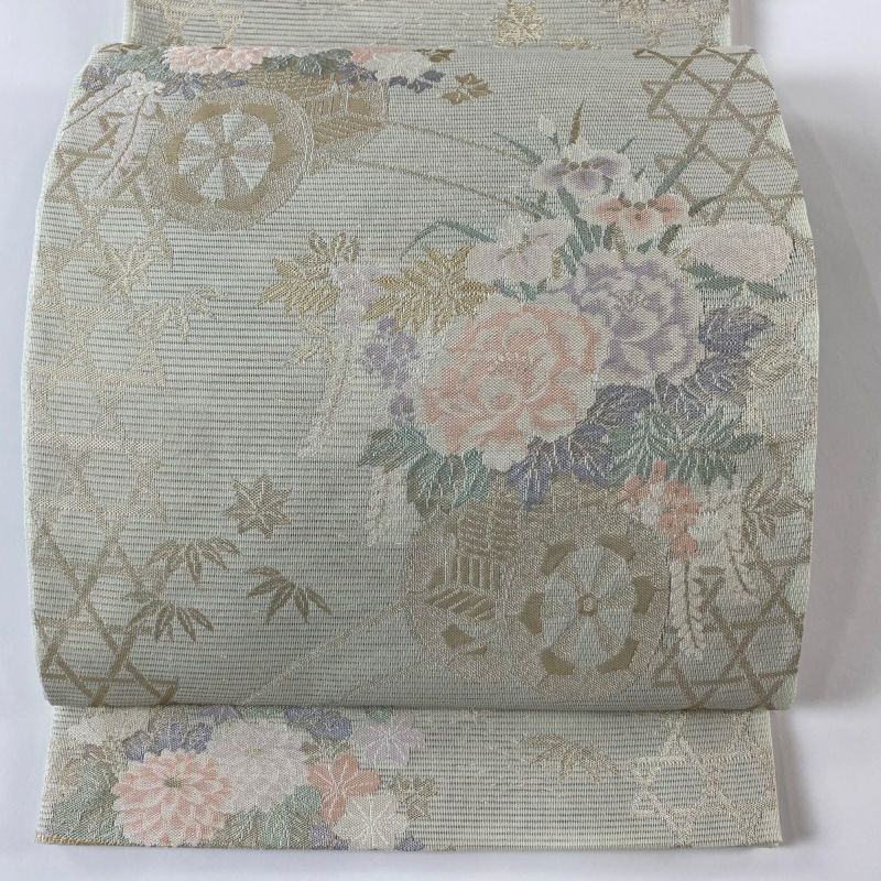 袋帯 美品 秀品 夏帯 絽 花車 籠目 箔 灰緑 六通 正絹｜中古