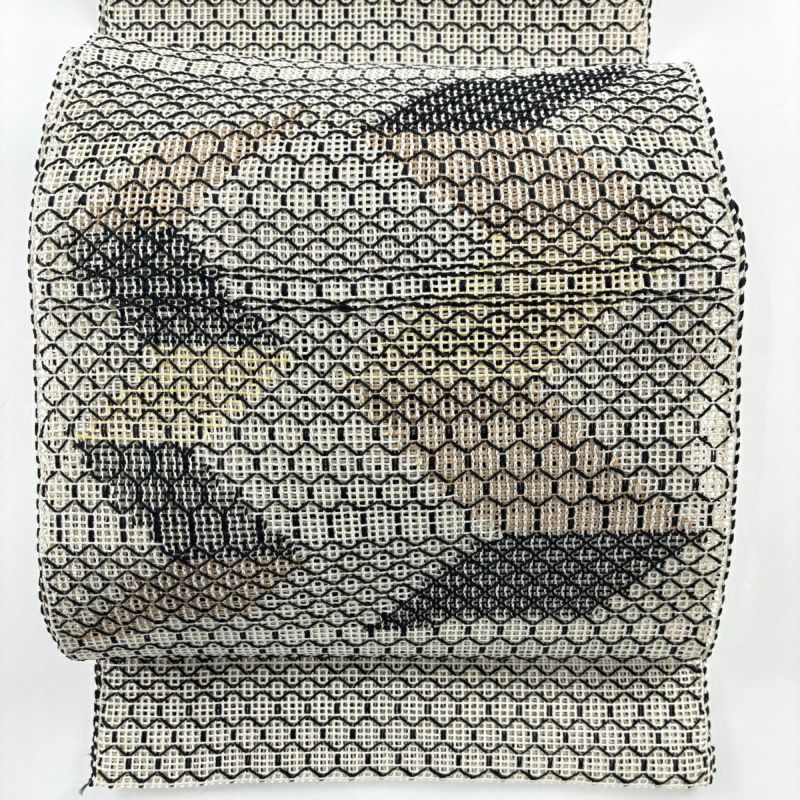 名古屋帯 秀品 八寸名古屋帯 夏帯 羅 幾何学 灰白 正絹｜中古