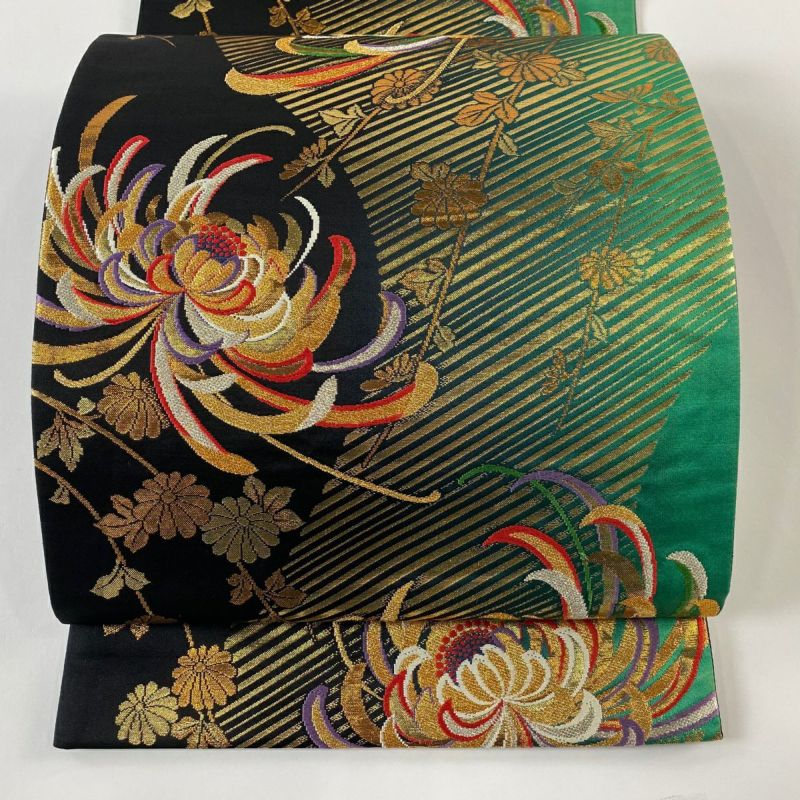 C9 美品 格子に吉祥文様 金 銀 菊青海波 花菱 立涌 六通 正絹