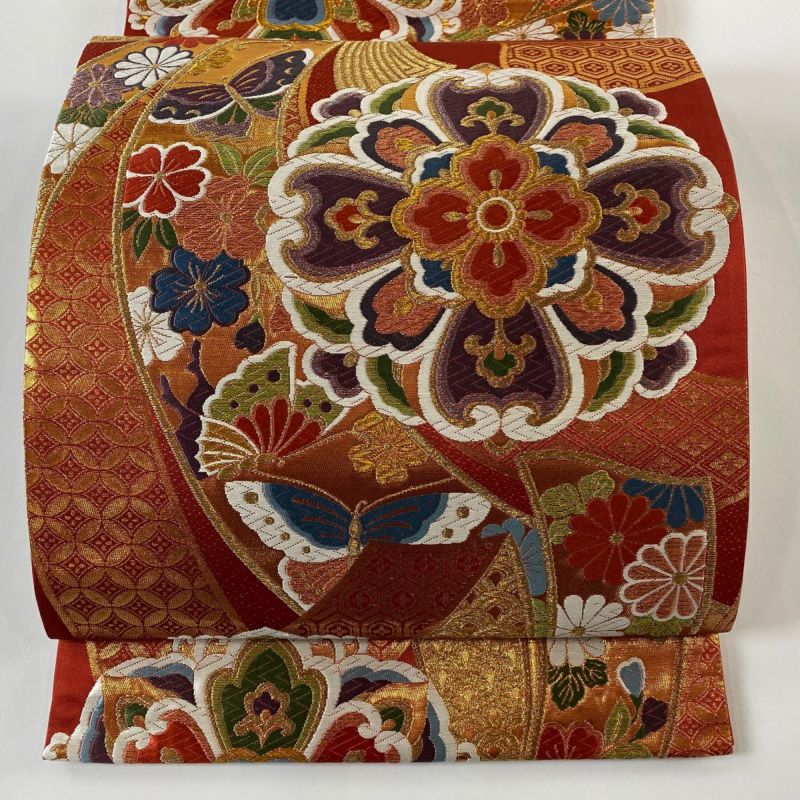 袋帯 美品 秀品 華文 束ね熨斗 金糸 箔 赤 六通 正絹｜中古