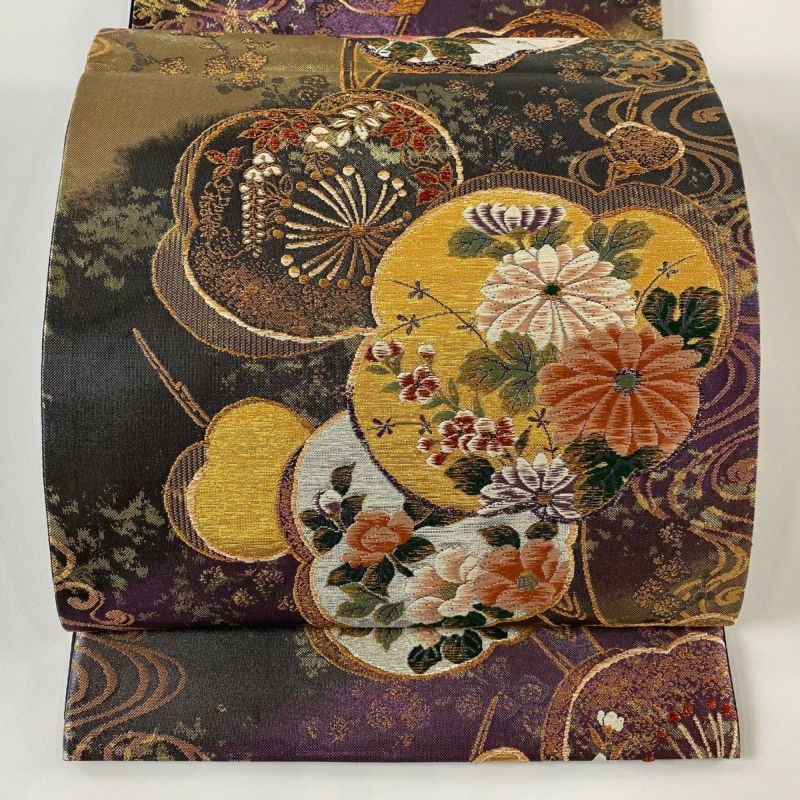 袋帯 美品 秀品 鈴乃屋 草花 流水 金糸 箔 紫 六通 正絹｜中古