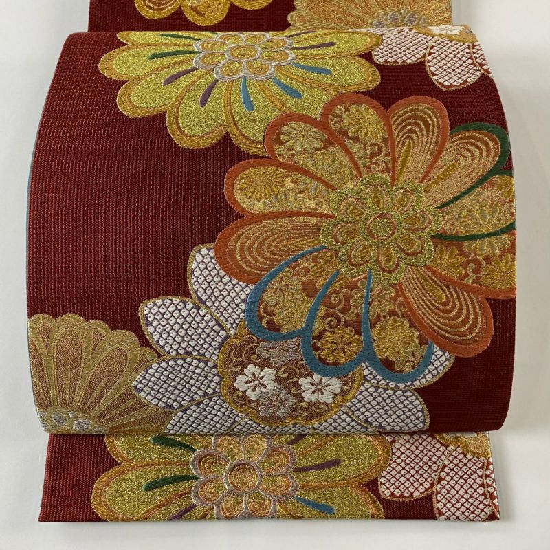 袋帯 美品 秀品 菊 疋田 金銀糸 箔 えんじ色 六通 正絹｜中古