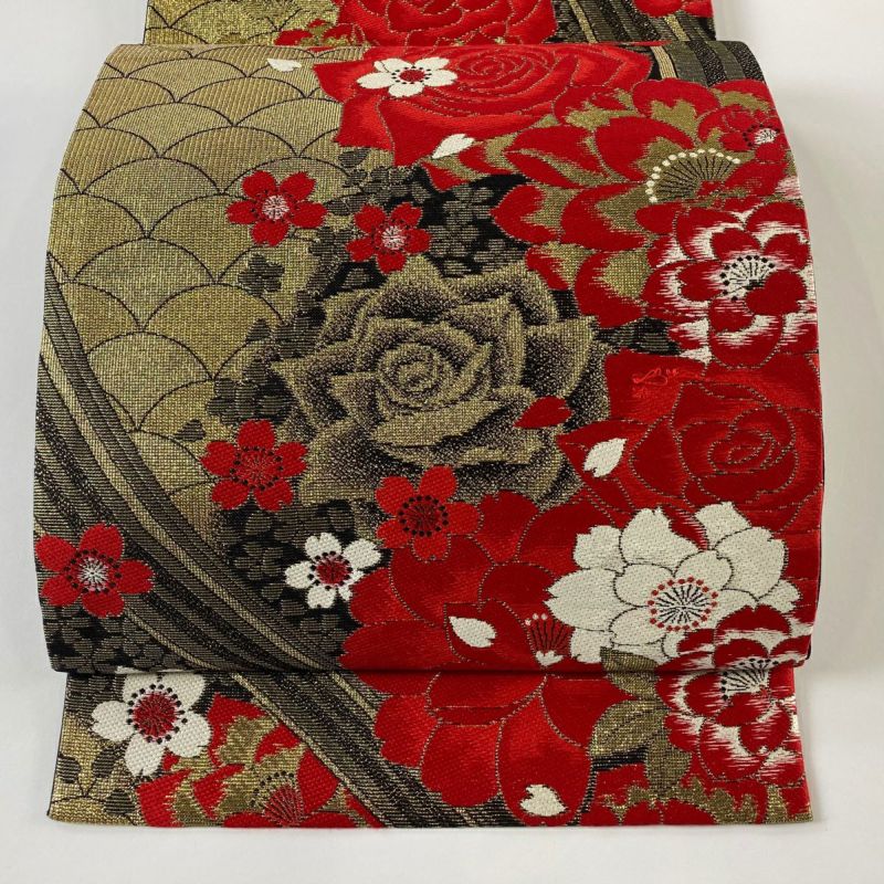 袋帯 秀品 薔薇 桜 金糸 箔 金色 六通 正絹｜中古・古着