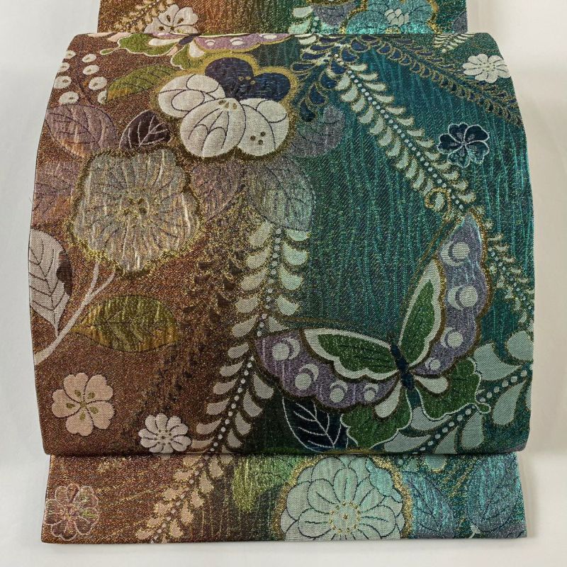 袋帯 美品 秀品 蝶 辻が花柄 箔 緑 六通 正絹｜中古・古着