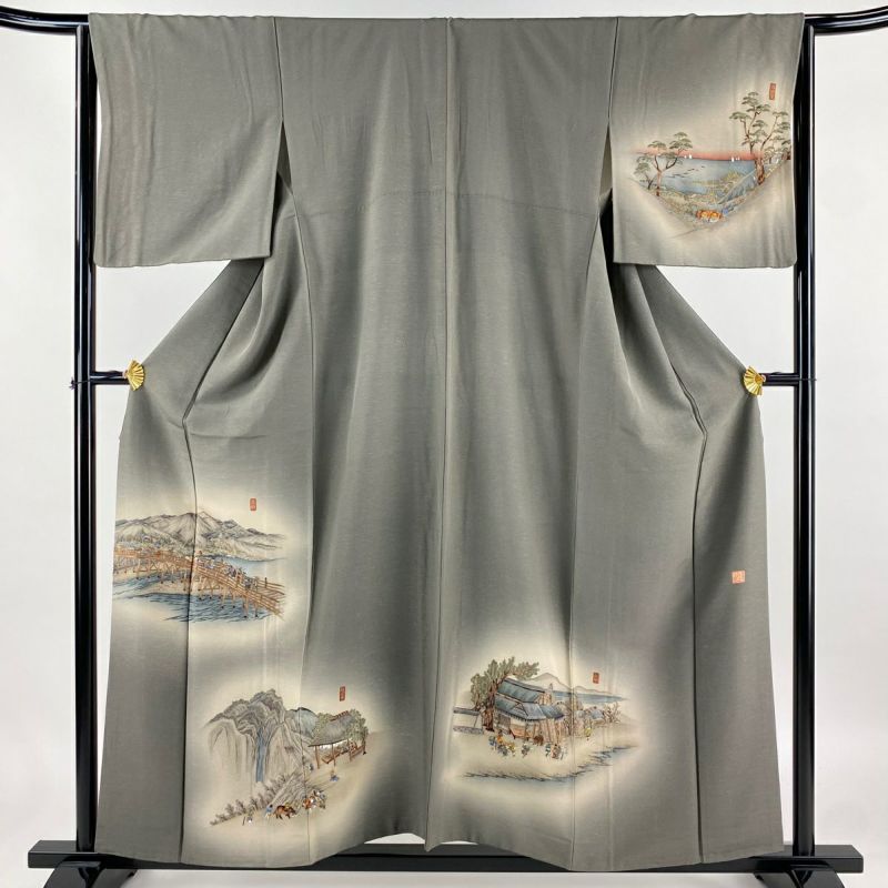 付下げ 身丈156.5cm 裄丈64.5cm M 袷 落款あり 風景 人物 金銀糸
