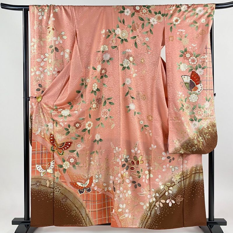 振袖 身丈160.5cm 裄丈66.5cm M 袷 蝶 桜 金糸 金銀彩 ピンク