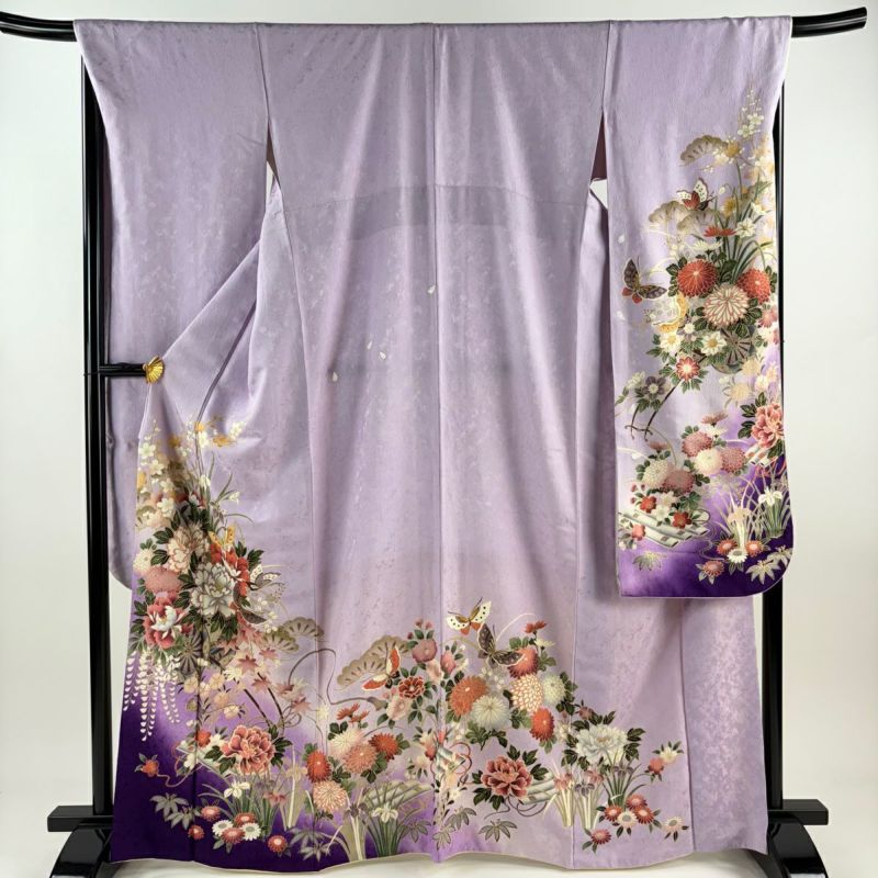 振袖 身丈167cm 裄丈69cm L 袷 花車 蝶 金彩 染め分け 薄紫 正絹
