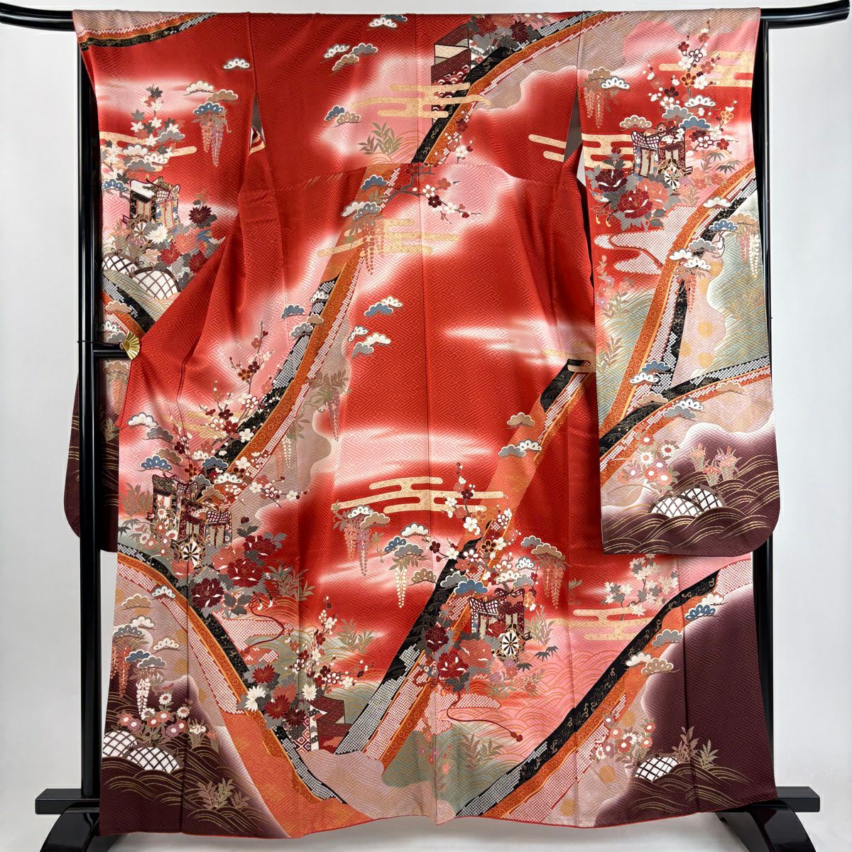 ミッキーマウス 赤 花々 橙 振袖 身丈156 美品】 振袖 身丈163cm 裄丈66cm M 袷 御所車 松竹梅 金糸 金彩 赤