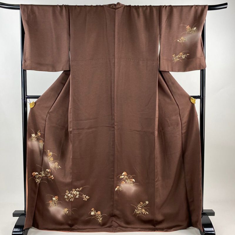 付下げ 袷 正絹 蓬色 焦茶 唐草模様 身丈151裄63