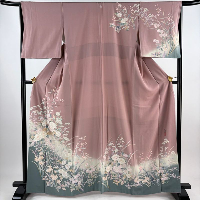 訪問着 身丈163cm 裄丈66.5cm M 袷 落款あり 草花 ぼかし