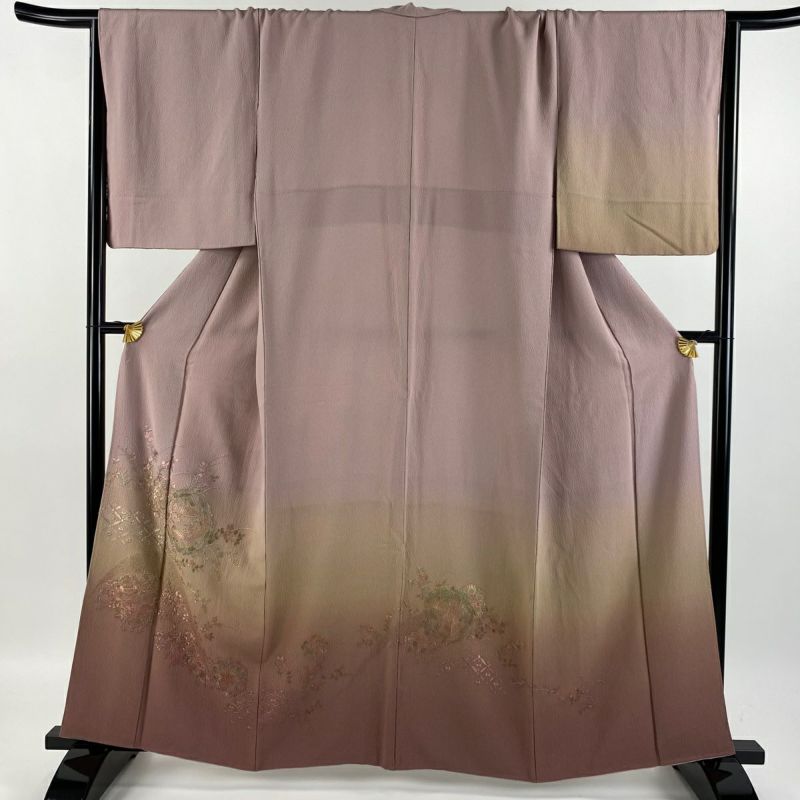 超爆安 訪問着 身丈161cm 裄丈67cm M 袷 向かい鳥 草花 刺繍 ラメ 薄紫 着物・浴衣