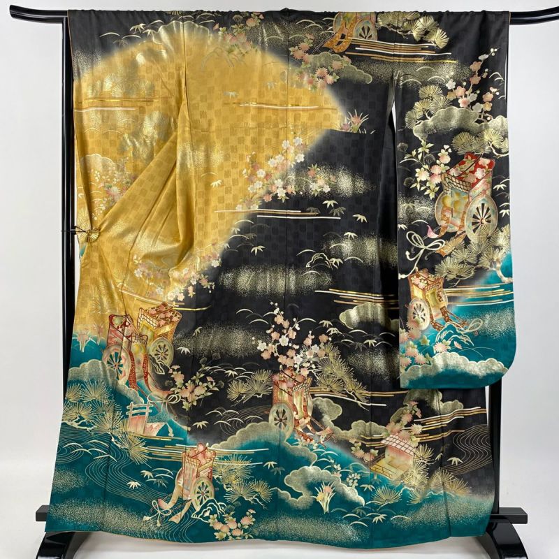 振袖 身丈165cm 裄丈66.5cm M 袷 御所車 雲文 金糸 金銀彩 緑