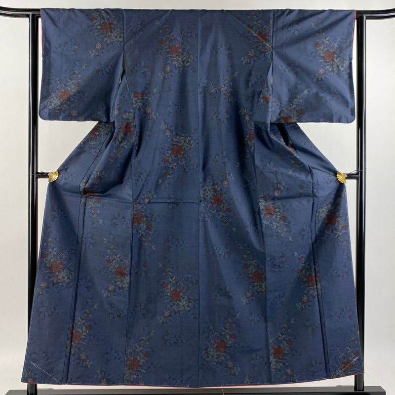 紬 正絹 袷 鶴花草文 着丈144センチ 裄60.5センチ